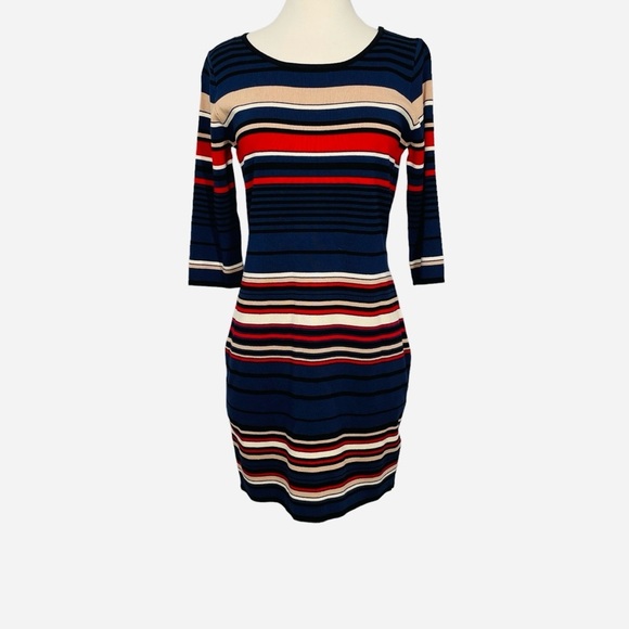 APRICOT Blue and Red Ribbed Sheath Dress with Crew Neck - Picture 2 of 13